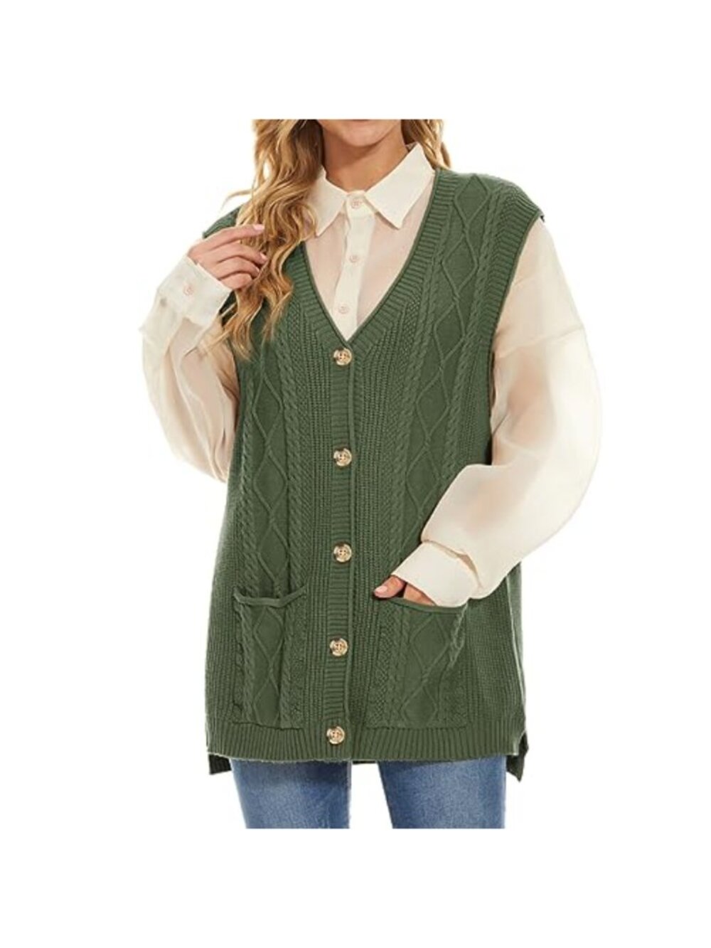 Women's Cable Knit Sweater Vest V-Neck Sleeveless Loose Fit